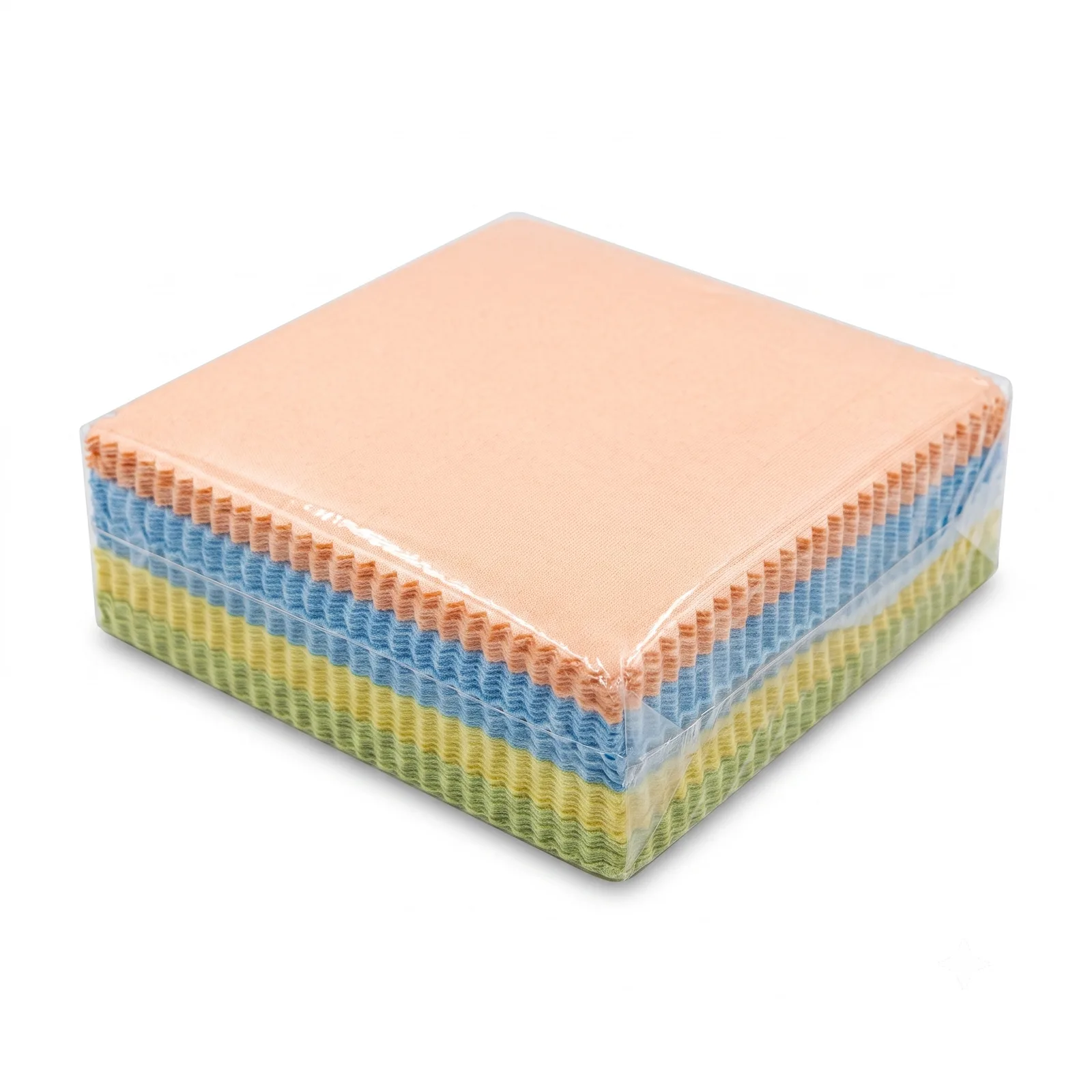 Pastel peach, blue and green salvet eyeglass cleaning cloths in a sealed pack