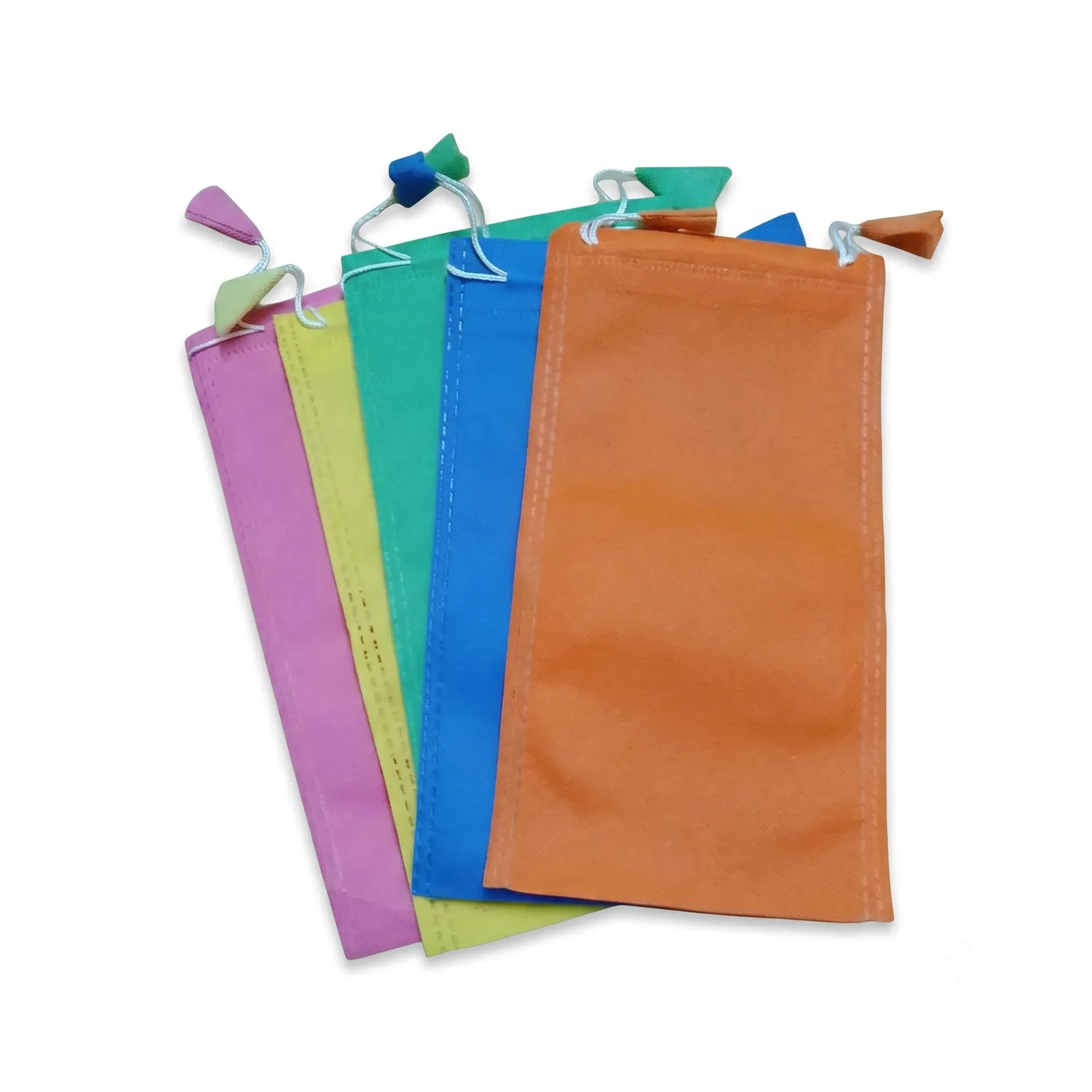 Drawstring pouches in pink, yellow, green, blue and orange