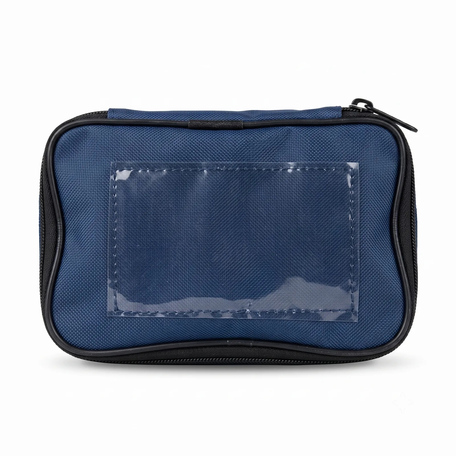 Navy zip pouch with a clear window for a prescription card