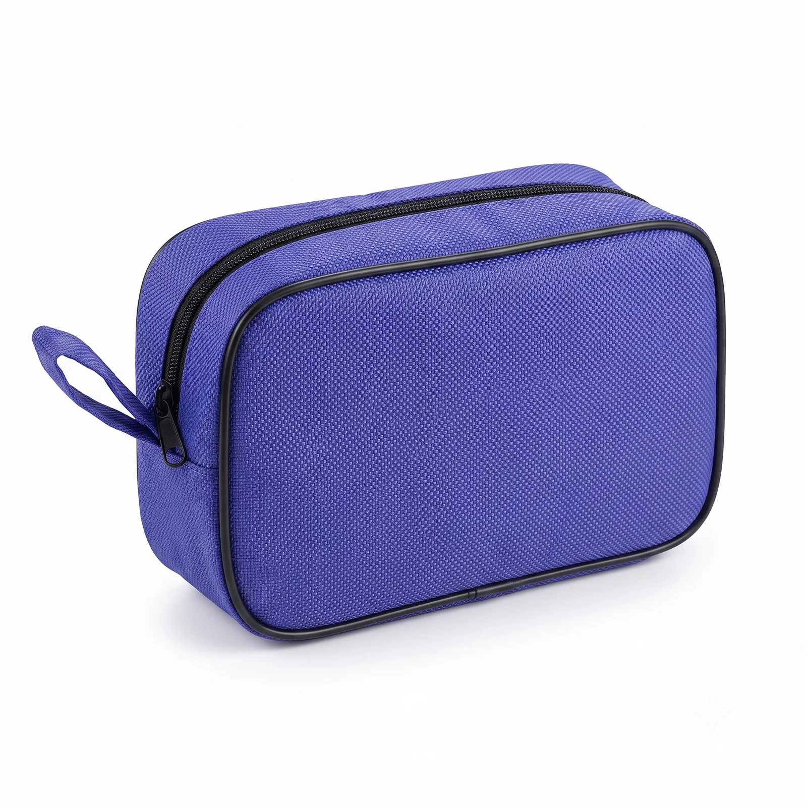 Plain blue zip pouch with a wrist strap, unbranded and ready for printing